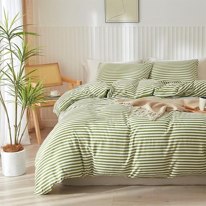 Striped Comforter Set Twin XL Modern Style Green White Stripes Pattern Bed Comforter for All Seasons 3 Pieces Boho Fluffy Comforter with 2 Pillowcases Cozy Farmhouse Lightweight Bedding Comforter Set