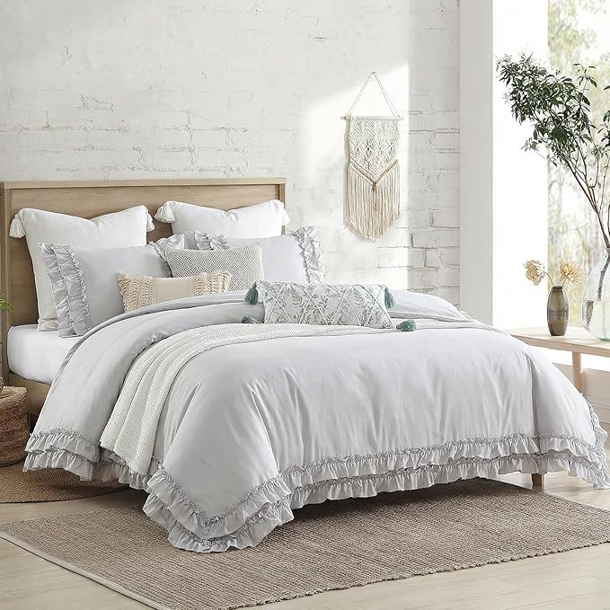 Bedorm Gray Duvet Cover Set Twin Ruffle Bedding Set Pleat Ruffled Shabby Chic Comforter Cover Extra Soft & Easy Care Gray Boho Duvet Cover with Zipper Closure