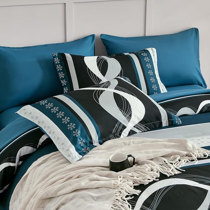 Anibedding Comforter Set Queen Size, 8 Piece Teal Boho Bed in a Bag, Striped Patchwork Comforter Bedding Set for All Season(90"×90")