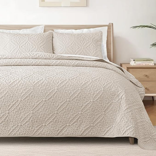 Exclusivo Mezcla Twin Quilt Bedding Set, Lightweight Soft Bedspreads Coverlets with 1 Pillow Sham, Modern Brich Beige Quilts Twin XL Size for All Seasons