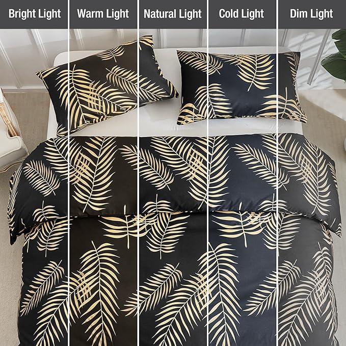 Lekesky Queen Duvet Cover Set, Black and Gold Tropical Palm Leaf Pattern Comforter Cover Queen Size, 3 Pieces Soft Microfiber Bedding Sets with Zipper & 2 Pillowcases, Comforter Not Included