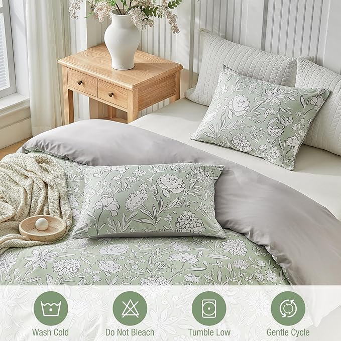 Lekesky Queen Size Duvet Cover Set, Reversible Duvet Cover Queen with White Floral Pattern, Lightweight Soft Microfiber Comforter Cover, 3 Pieces Green Bedding Set with Zipper and 2 Pillowcases