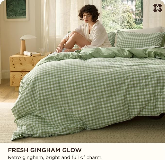 Bedsure Gingham Duvet Cover King Size,100% Washed Cotton Duvet Cover Linen Like Textured, Classic Yarn-Dyed Checkered Pattern Enhances Bedroom Comfort and Style, Gingham Sage Green, 104"x90"