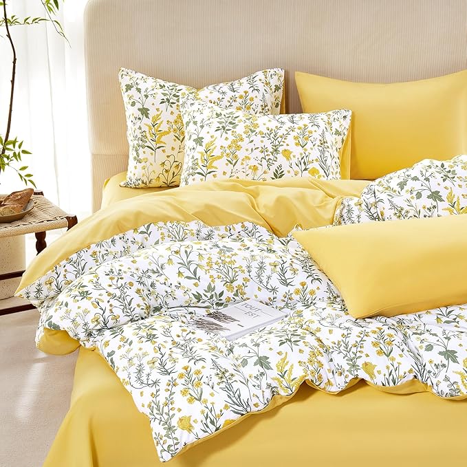 Wake In Cloud - Floral Duvet Cover Set, Shabby Chic Cottage Garden Botanical Flower Style with Elegant Wildflower Pattern, Soft Lightweight Bedding, 3 Pieces, Yellow White, Twin/Twin XL Size