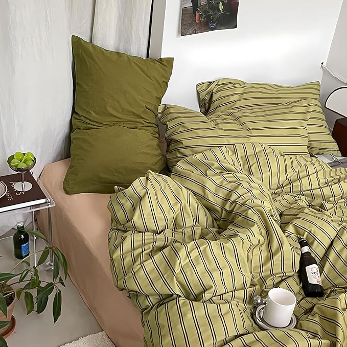 mixinni Vintage Stripes Duvet Cover Set Twin XL - 3-Piece Mid-Century Cotton Olive & Taupe Striped Bedding, Soft Breathable All-Season Comforter Cover with Zipper Closure & Corner Ties-Twin XL Size