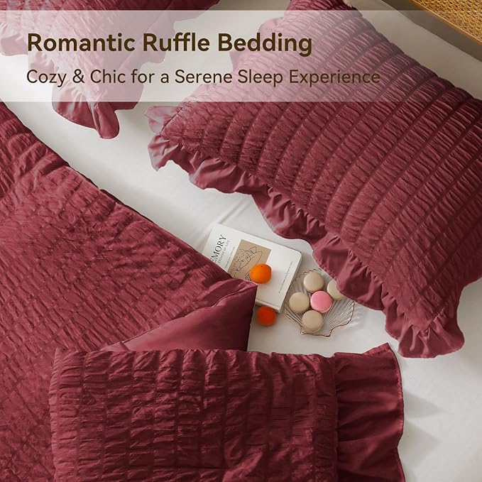 JOLLYVOGUE King Size Comforter Set, 3 Pieces Burgundy Seersucker Comforters King Size, Lightweight & Fluffy Bedding Sets King for All Season with 1 Ruffle Comforter and 2 Ruffle Pillowshams
