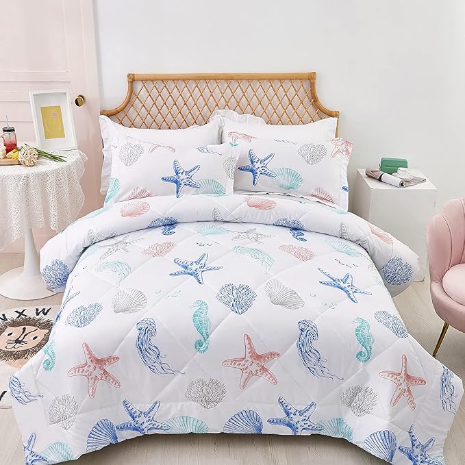 JSD Beach Theme Kids Comforter Set Twin Size, Jellyfish Starfish Shell Printed Comforter with Pillow Sham, Lightweight All Season Washable