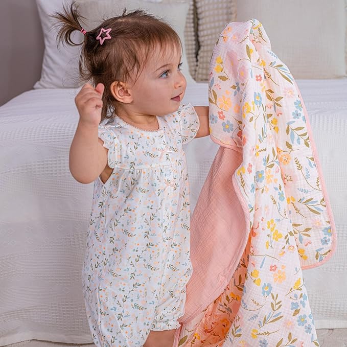 Muslin Baby Blankets for Girls, 40"x36" Toddler Blanket, Reversible Soft Baby Blankets for Girls, 100% Cotton Toddler Bed Blanket Oeko-TEX Designed in France - Flower + Pink Nursery Blanket