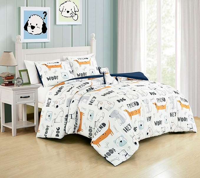 Chezmoi Collection 4-Piece Cartoon Dogs Kids Bedding Set Full/Queen Size - Black White Brown Gray Soft Microfiber Comforter Set w/Dog Throw Pillow for Kids Teens