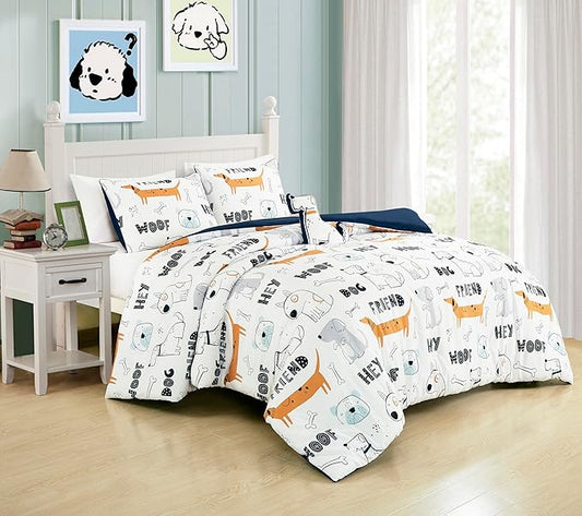 Chezmoi Collection 4-Piece Cartoon Dogs Kids Bedding Set Full/Queen Size - Black White Brown Gray Soft Microfiber Comforter Set w/Dog Throw Pillow for Kids Teens