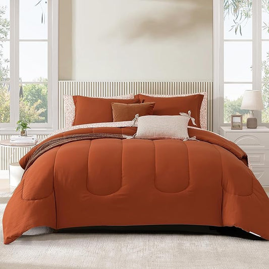 Monbix Full Comforter Set - 7 Pieces Burnt Orange Bed in a Bag Full Size Track Stitching Bedding Sets, All Seasons Comforter with Sheets, Pillowcases & Shams