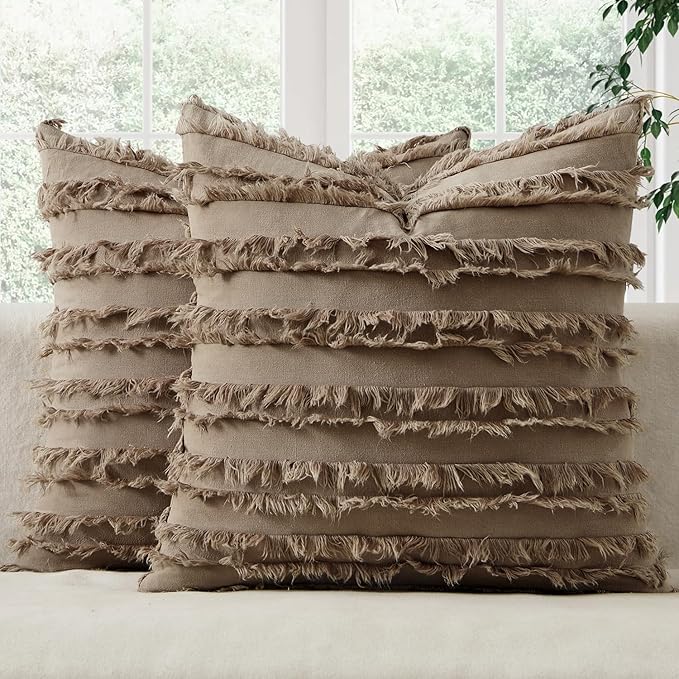 MIULEE Decorative Boho Throw Pillow Covers Set of 2 Khaki Brown Modern Linen Striped Jacquard Pattern Farmhouse Neutral Cushion Covers for Sofa Couch Living Room Bedroom 18x18 Inch Home Decor