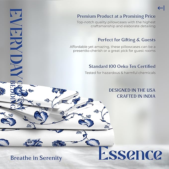 Mayfair Linen 100% Organic Cotton Printed Sheets Full Size - 4 PC Organic Cotton Percale Sheets Full Set (Floral Blue), Cooling & Breathable Bedsheets, 16" Deep Pocket Hotel Bedding - GOTS Certified