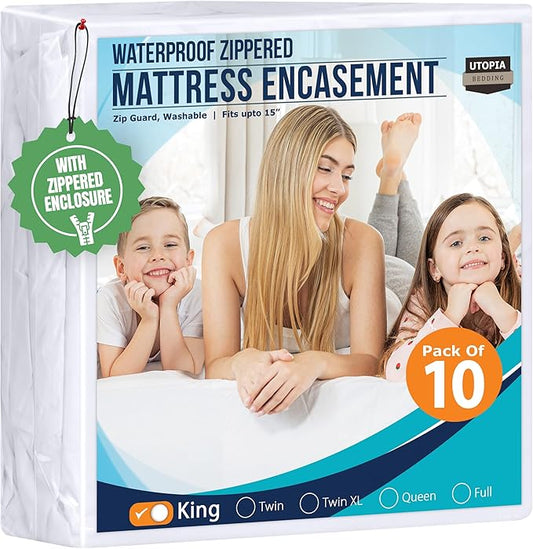 Utopia Bedding Mattress Protector Zippered King Size (Pack of 10), 100% Waterproof Bed Bug and Dust Mite Proof Mattress Encasement, Absorbent 6 Sided Mattress Cover
