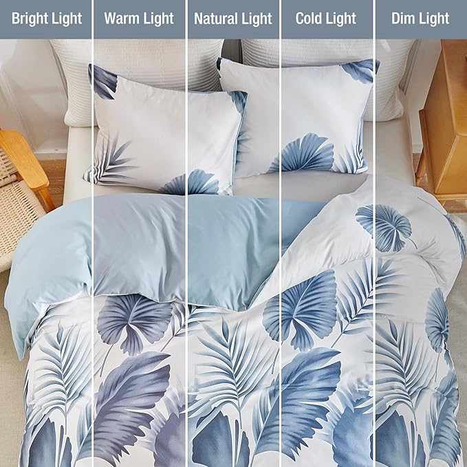 Lekesky King Duvet Cover Set, Tropical Blue Palm Pattern Duvet King Size, 3-Piece White Bedding Set with Zipper, Ultra Soft Microfiber Reversible Floral King Size Comforter