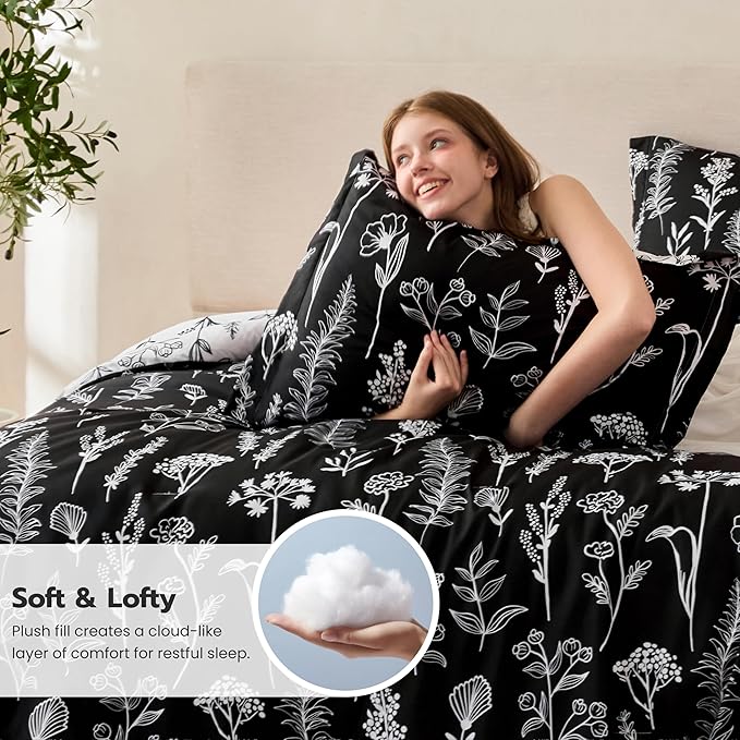 Joiedomi California King Comforter Set Black, 3 Pieces Floral California King Bedding Set with 1 Soft Reversible Botanical Comforter and 2 Pillow Shams, Bed in a Bag for All Seasons