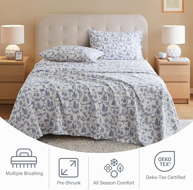 True North by Sleep Philosophy Cotton Sheet Set Cozy Print 100% Cotton Flannel Sheets Bedding Set, Oversized Sheets, Deep Pocket Fits Up to 14" Mattress Queen Bed Sheets Queen Toile Pine Trees 4pc