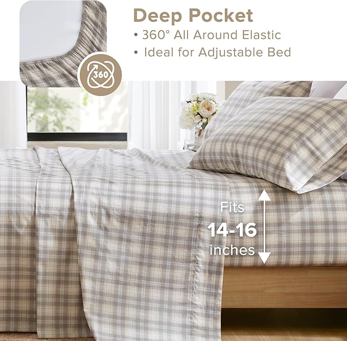 Comfort Spaces 100% Cotton Sheets Full, Breathable, Naturally Cool Cotton Sheets, Soft Cotton Bed Sheets with 14" Elastic Pocket Fits up to 16" Mattress, All Seasons Sheet Set, Wesley Taupe 4 Piece