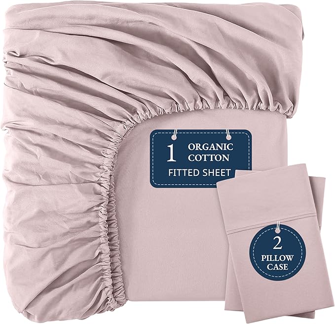 LANE LINEN Fitted Sheet King Size, 100% Organic Cotton, 3-Piece Set (1 Fitted Sheet,2 Pillowcases), Percale Weave, Ultra Soft, Breathable,Fits Mattress Upto 15" Deep - Sepia Rose (No Flat Sheet)