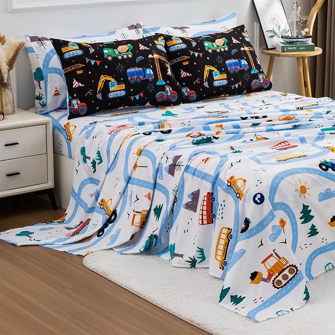 Holawakaka Trucks Tractors Cars Boy Bedding Comforter Set with Sheets, Full Size Cartoon Construction Car Excavator Print Kids Bed in A Bag 5-Piece, Boys Reversible Dorm Bed Sets (Black Full)