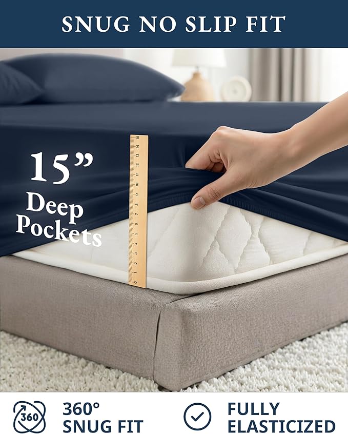 LANE LINEN Eco Friendly 100% Organic Cotton Fully Elasticized Full Sheet Set, Low Pilling Fade Resistant Machine Washable Naturally Cooling Full Bed Sheets, Soft & Comfy Cotton Bedding- Navy