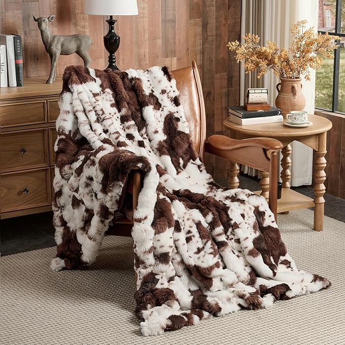 Lotus Karen Faux Fur Throw Blanket Cow Print-Dark Brown, Fluffy Fuzzy Plush Bubble Blanket for Couch, 60x50 Inches Cozy Shaggy Rabbit Blanket, Luxury Decorative Gifts for Sofa Bedroom Living Room.