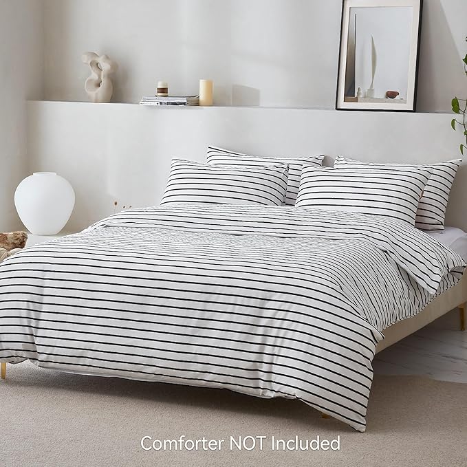 JELLYMONI 100% Natural Cotton 3pcs Striped Duvet Cover Sets, White Duvet Cover with Thick Black Stripes Pattern Printed Comforter Cover, with Zipper Closure & Corner Ties(King Size)