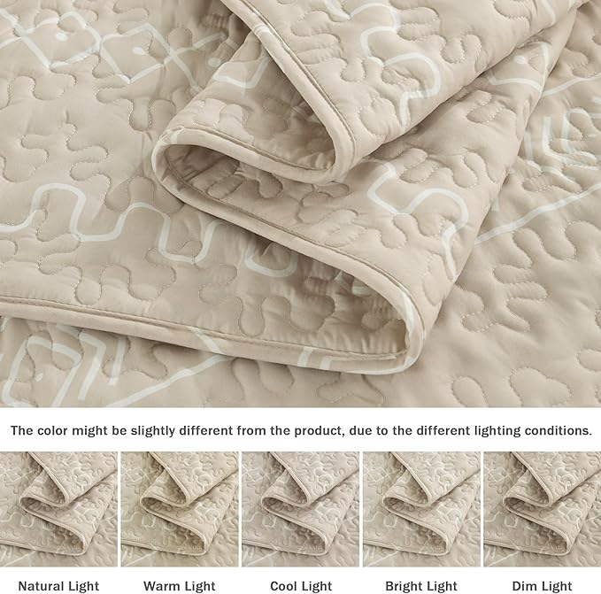 Andency Beige King Size Quilt Set, 3 Pieces Boho Lightweight Soft Striped Bedspread for All Season (106"x96"), Printed Bohemian Microfiber Reversible Coverlet Comforter Sets