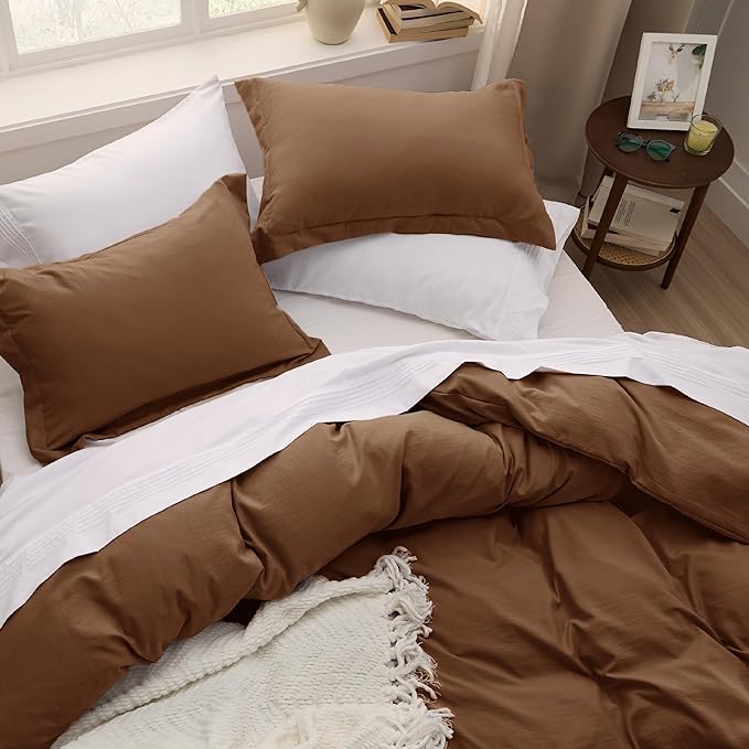 Bedsure Brown Duvet Cover Full Size - 3 Pieces Prewashed Extra Soft Cotton-Like Polyester Bedding Set, Includes 1 Duvet Cover 80x90 Inches with Zipper Closure & 2 Pillow Shams, Comforter Not Included