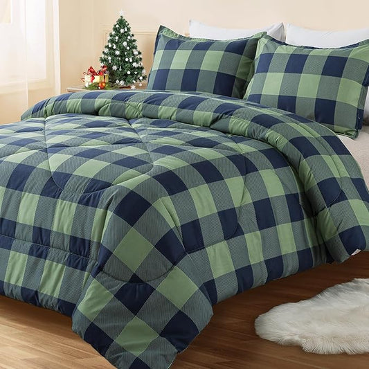 Andency Green Plaid Comforter King(104x90Inch), 3 Pieces (1 Comforter, 2 Pillowcases) Buffalo Checkered Gingham Bed Set, Soft Geometric Bedding for Boys