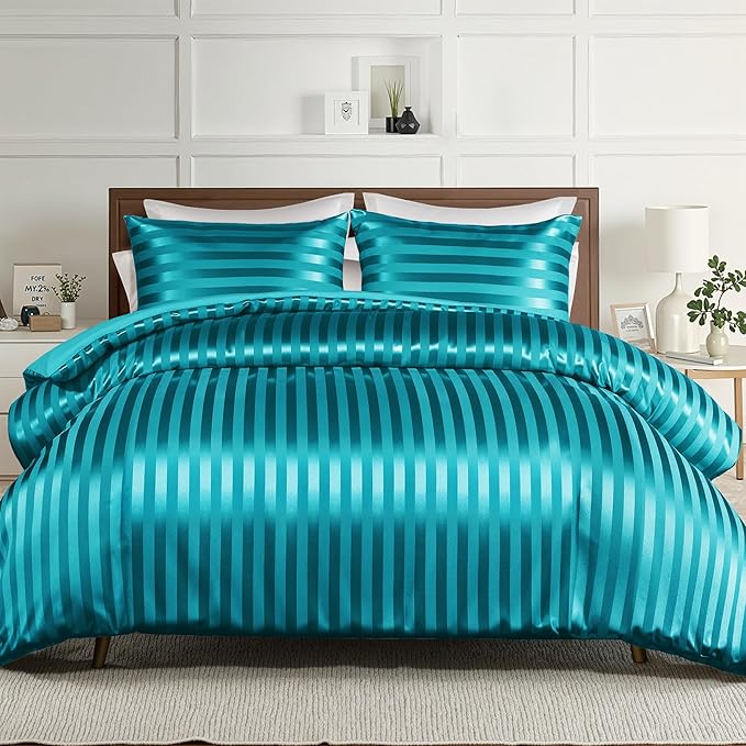 Whale Flotilla 3-Piece Reversible Silky Soft King Size Comforter Set, Luxury Stripe Satin Oversized Comforter Bedding Set with 2 Satin Pillowcases, Lightweight Duvet Set for All Seasons, Turquoise