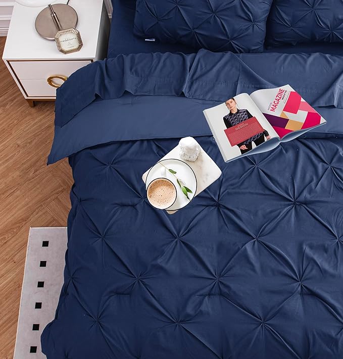 LANE LINEN 7 Piece King Size Bedding Set - Pintuck Detailing Ready to Style Bed in a Bag Collection - All Season Comforter, Sheets, Pillowcases & Shams - Easy Care Bedding for Busy Homes - Navy Blue | Style ready bed, Easy care home, Soft comfort, Seas...