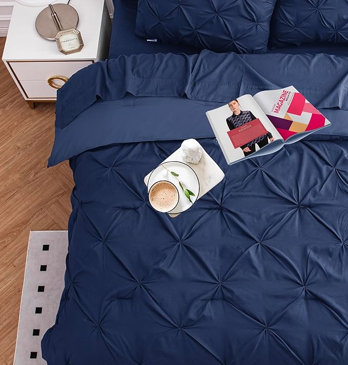 LANE LINEN California King Bed Set - 7 Piece Pintuck Detailing Year-Round Comfort Bed in a Bag - Soft Oversized Comforter, Sheets, Pillowcases & Shams - Clean Aesthetic Soft & Cozy Bed Set - Navy Blue | True Cal King, Oversized soft feel, Year round us...