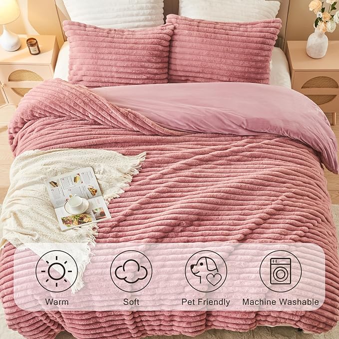 EMME Faux Fur Duvet Cover King Size, 3 Pieces Ultra Soft Fluffy Comforter Cover, Cozy Warm for Winter, Luxury Elegant Shaggy Striped Design Bedding, 1 Duvet Cover & 2 Pillow Shams (King, Old Pink)
