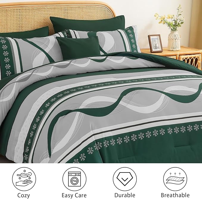 Anibedding Dark Green Comforter Set King Size,8 Pieces Bed in a Bag Patchwork Striped Bedding Sets,Boho Soft Microfiber Bedding Set for All Season(104"×90")