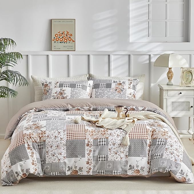 Lekesky King Size Duvet Cover Set, Patchwork Floral 3 Pieces Reversible Grey Duvet Cover Set, Ultra-Soft Microfiber 3 Pieces Comforter Cover with Zipper and Corner Ties, Includes 2 Pillowcases