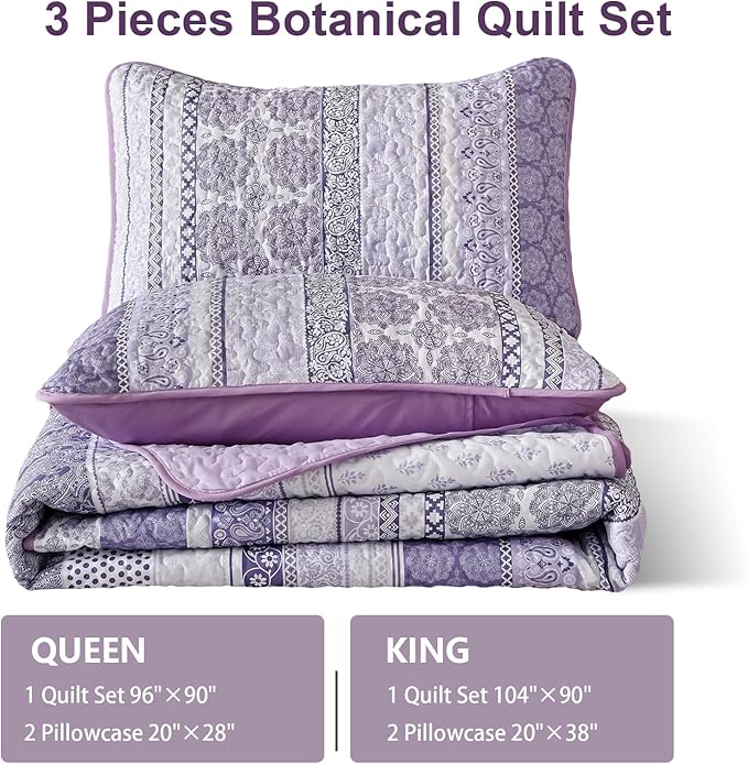 WONGS BEDDING Boho Quilt Set Queen Size, Purple Bohemian 3 Pieces Quilt Sets, Lightweight Bedspread Coverlet Bedding Set for All Season (96"x90")
