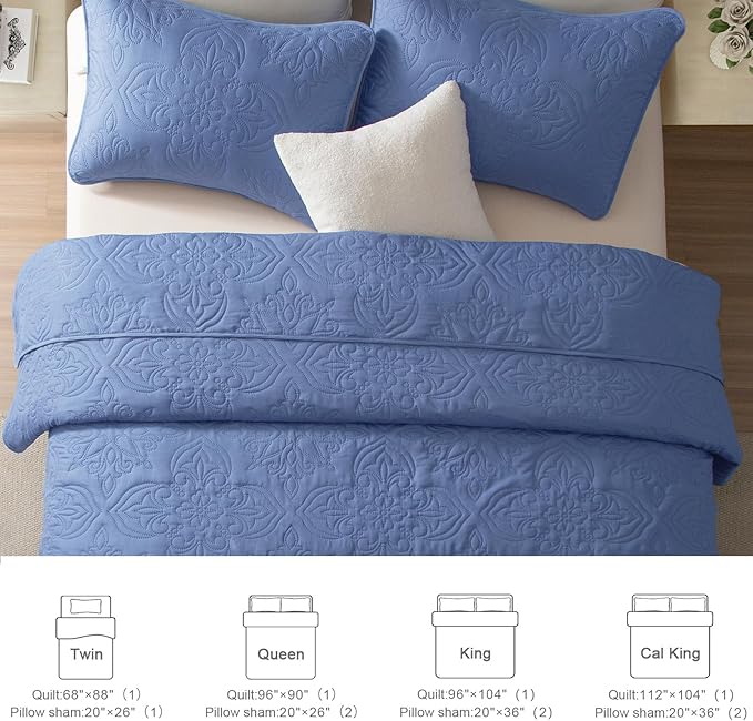 Whale Flotilla Soft Queen Quilt Bedding Set for All Seasons, Vintage Damask Ultrasonic Full Size Quilts Set, Lightweight Reversible Bedspread, Coverlet, Bed Cover with 2 Pillow Shams, Bluish Grey