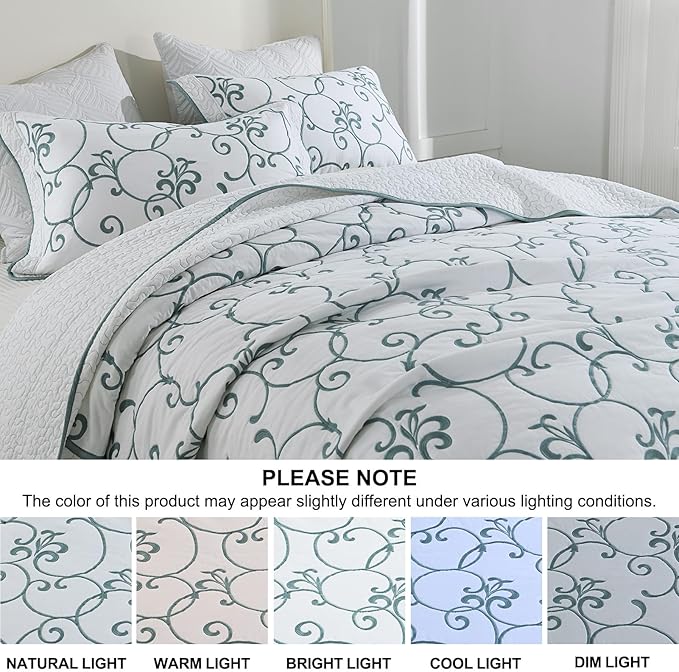Oversized Queen Bedspread 120"x102" - 100% Cotton Extra Large Quilt, Embroidered Bedspread Coverlet with Pillow Shams, Lightweight Quilted Bedding Set 3 Piece, Aqua Blue/White