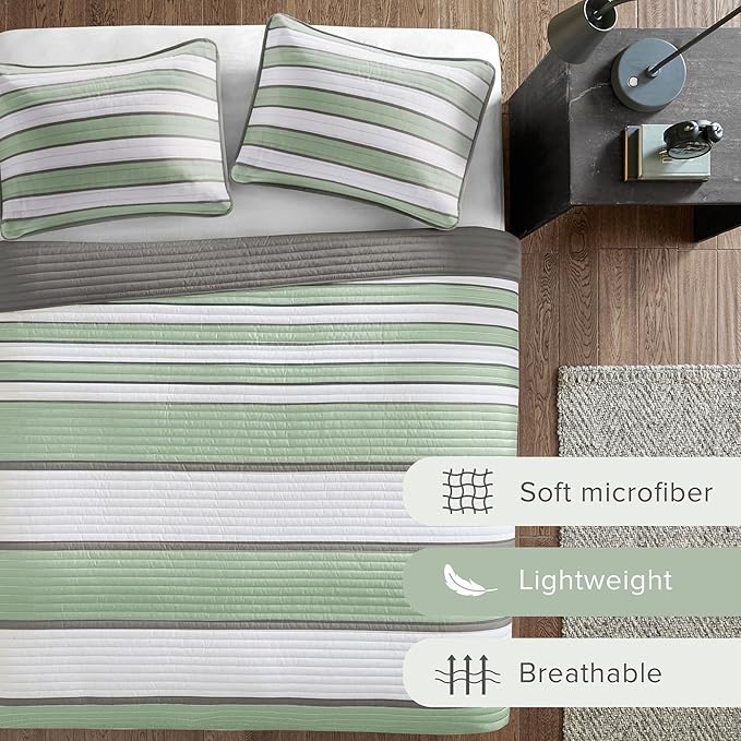 Comfort Spaces Twin Quilt Set Trendy Casual Fun, Vibrant Color Stripes Design, All Season Lightweight Coverlet Bedspread Twin Size Kids Bedding & Sham, Verone, Twin/Twin XL, Sage Green, 2 Piece