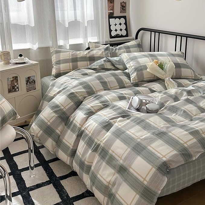 mixinni Green Grid Duvet Cover Set Twin - Vintage Buffalo Plaid Bedding Set-Green &Yellow&Beige, Soft Cotton Geometric Checkered Bedding Set with 2 Pillowcases for Boys, Girls, Teens