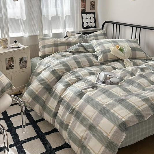 mixinni Green Grid Duvet Cover Set Twin - Vintage Buffalo Plaid Bedding Set-Green &Yellow&Beige, Soft Cotton Geometric Checkered Bedding Set with 2 Pillowcases for Boys, Girls, Teens
