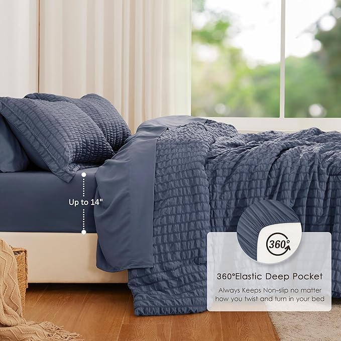 Love's cabin Seersucker Navy Blue Queen Comforter Set, 7-Piece All Season Lightweight Bed in a Bag Bedding Set with Comforter, Flat Sheet, Fitted Sheet, Pillowcases and Shams | Soft, Breathable, Lightweight