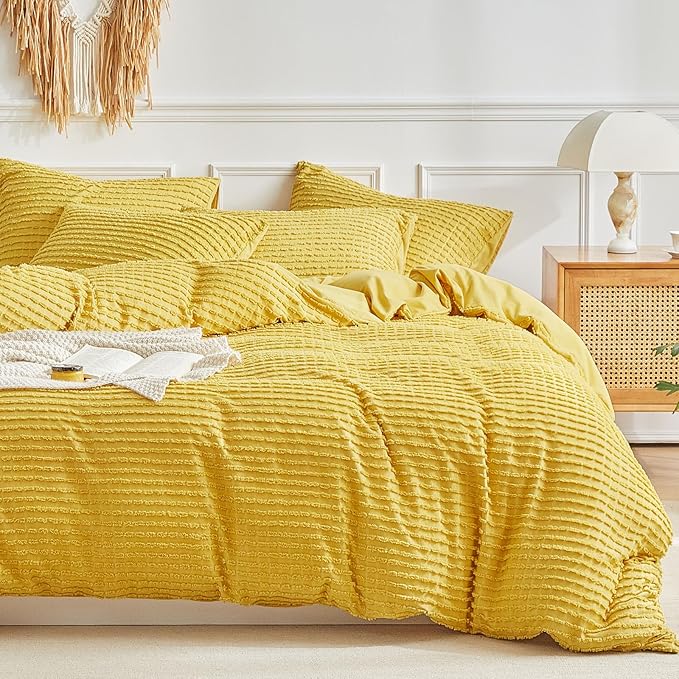 WARMDERN Boho Duvet Cover Set King Size,Yellow Striped Duvet Cover Microfiber Bedding Set,3PCS Ultra Soft Breathable Lightweight Tuft Texture Pattern Duvet Covers with Zipper Closure(Yellow,King)