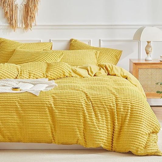 WARMDERN Boho Duvet Cover Set King Size,Yellow Striped Duvet Cover Microfiber Bedding Set,3PCS Ultra Soft Breathable Lightweight Tuft Texture Pattern Duvet Covers with Zipper Closure(Yellow,King)