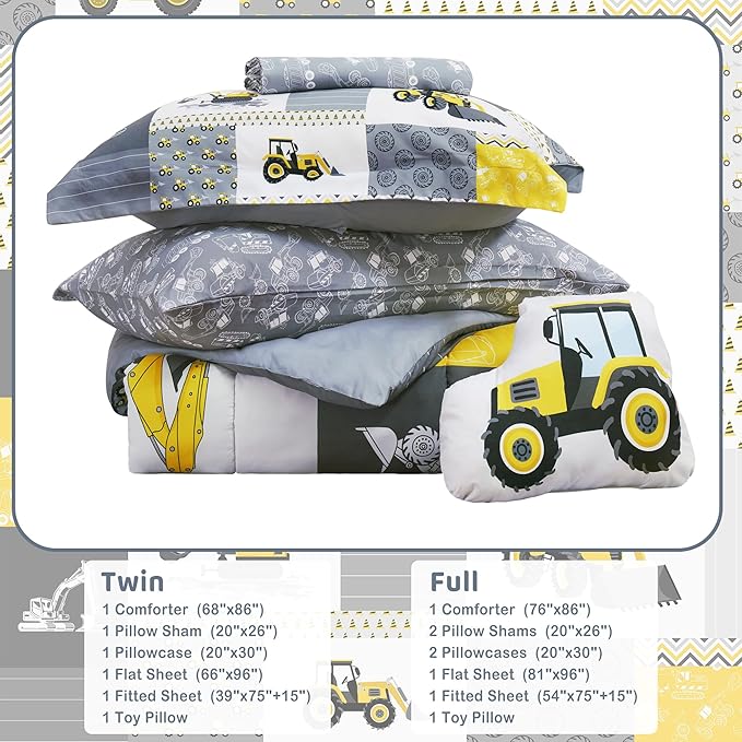 Mooreeke Kids Twin Comforter Sets for Boys 6 Pieces Yellow Excavator Bedding Set for Teens Microfiber Kids Bed in A Bag with Comforter, Sheet Set, Shams and Decorative Toy Pillow All Season