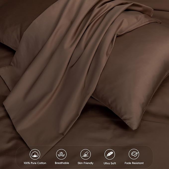 MooMee Duvet Cover Set 100% Extra Long Staple Cotton 600 Thread Count Silky Sateen Smooth Luxury Soft Breathable Durable Hotel Quality Bedding, 3 Pieces (Chocolate Brown, Super Queen 90"x98")