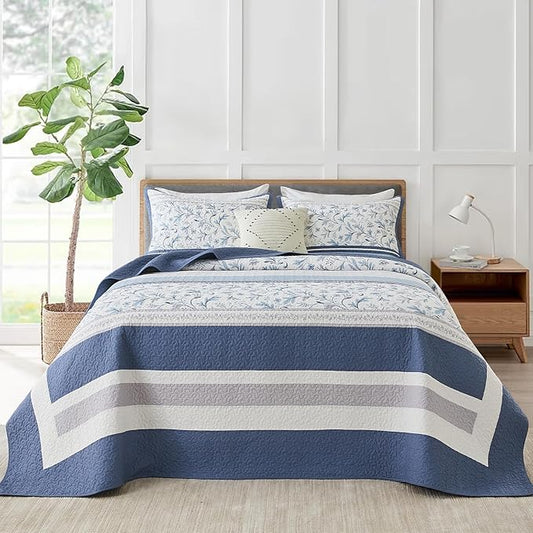 Oversized King Bedspread 128"x120" - 100% Cotton Lightweight All-Season Quilted Coverlet with Floral Striped Design - French Country & Farmhouse Bedding - Oversized King Plus Quilt in Blue