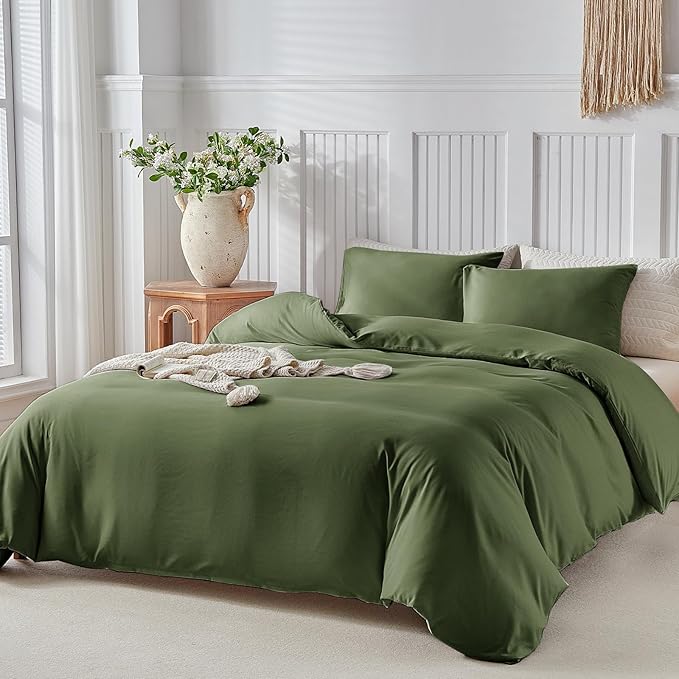 Lekesky King Size Duvet Cover Set, Olive Green Duvet Cover, Ultra-Soft Microfiber 3 Pieces Comforter Cover with Zipper and Corner Ties, Includes 2 Pillowcases 20"x36"