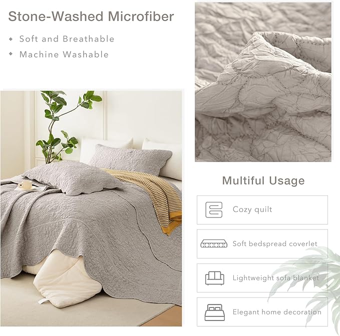 Masaca Oversized King Bedspread 128x120,Linen Colored Crinkled Oversized King Quilt 3Pcs Soft Lightweight Farmhouse Shabby Boho Stone-Washed Scallop Extra Large Quilt Coverlet Bedding Set